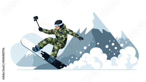 Snowboarder in camouflage captures adventure in winter mountains