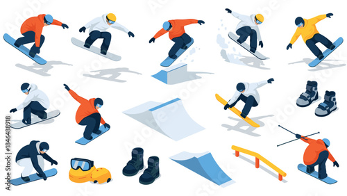 Dynamic snowboarding actions and gear in isometric style