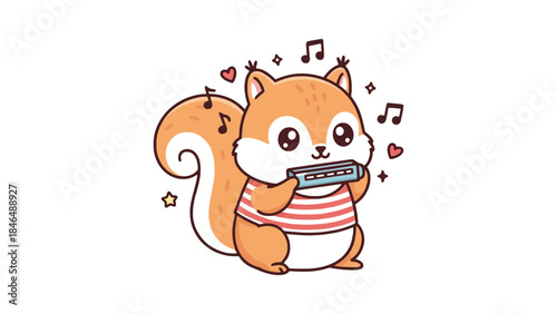 Cute cartoon squirrel playing harmonica with music notes and hearts