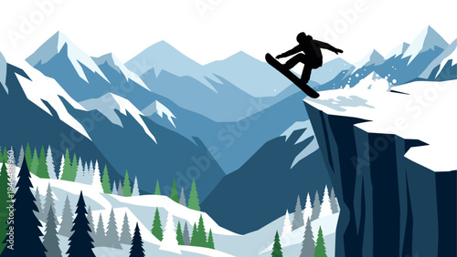 Silhouette of snowboarder jumping off cliff amidst majestic mountain scenery in winter forest