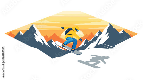 Snowboarder in mid-air adventure against vibrant mountain sunrise