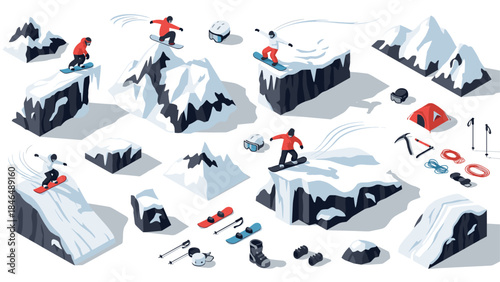 Isometric winter sports adventure with snowboarders and mountain gear
