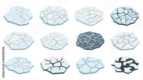 Set of cracked ice platforms in 3d style for winter and survival games