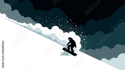 Silhouette snowboarder gliding down snowy mountain with dramatic cloudy sky background
