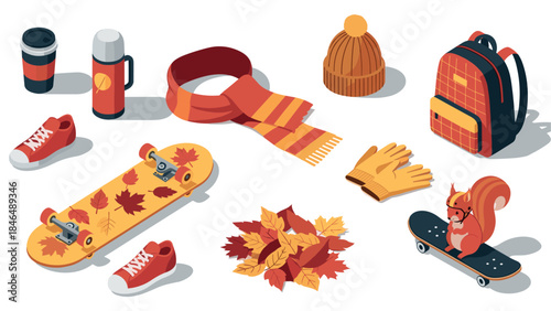 Autumn skateboarding essentials with leaves, squirrel, and cozy accessories