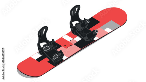 Vibrant isometric snowboard with modern geometric pattern and black bindings