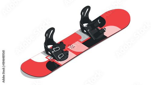 Modern isometric snowboard design with black bindings on a red and white board