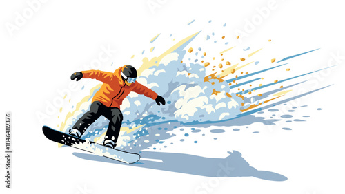 Dynamic snowboarding action in vibrant colors with abstract snow effects