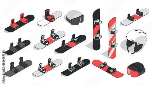 Isometric snowboarding gear set featuring snowboards, helmets, and goggles in red and black