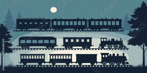 Trains travel through serene nighttime landscape under starry sky