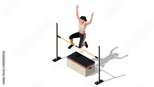 Isometric athlete jumping over box in dynamic sport pose on white background