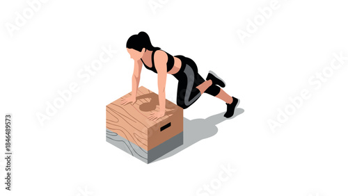 Isometric woman exercising with box in minimalist style for fitness concepts