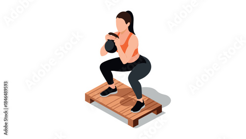 Isometric fitness woman exercising with kettlebell on wooden platform