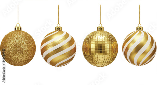 A collection of four distinct golden Christmas tree ornaments displayed in a row against a pure white background.