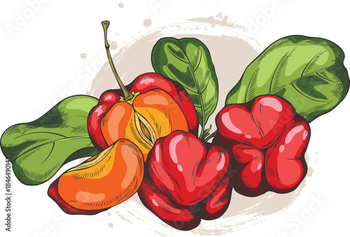 Acerola berries with leaves vector sketch, Barbados red cherry, hand drawn fresh ripe exotic fruit superfood