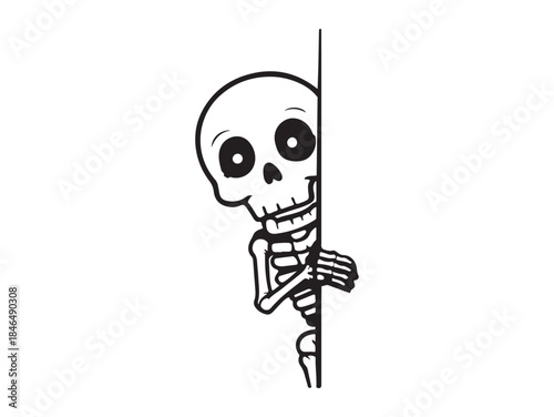 Peeking skeleton a playful glance from hiding.