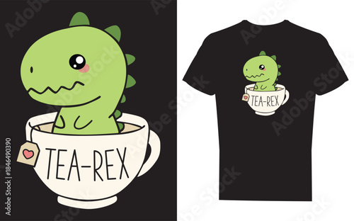 Funny tshirt design with cartoon dinosaur in a tea cup on black shirt