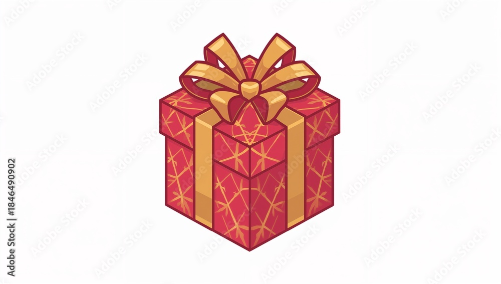 Obraz premium Showing red gift box centered on white backdrop, with gold ribbon, bow, geometric pattern, shadow