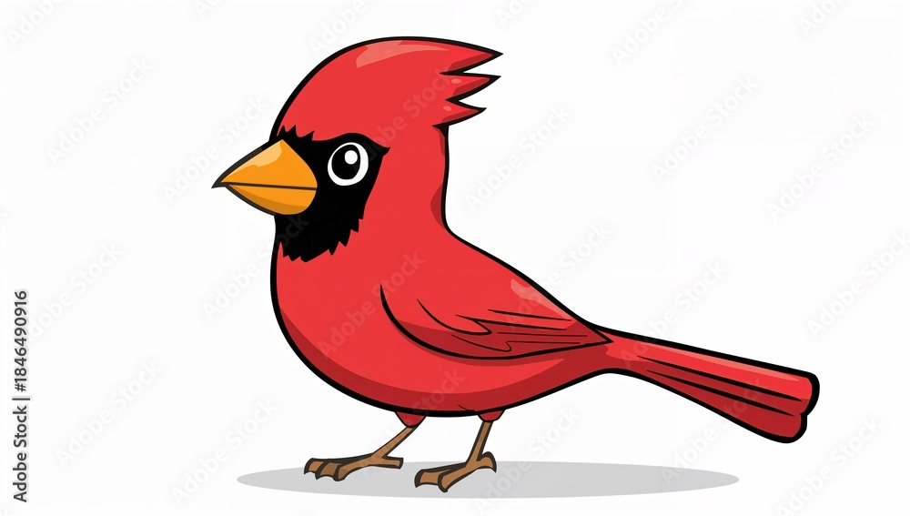 Obraz premium Standing cartoon red cardinal showing pointed crest and orange beak on white canvas, gray shadow