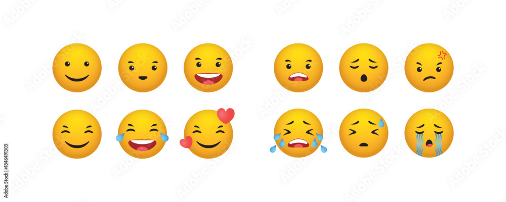 Fototapeta premium A collection of 3D emojis, emoticons expressing various emotions and feelings, funny yellow faces for social network communication. A collection of realistic vector illustrations isolated on a white b