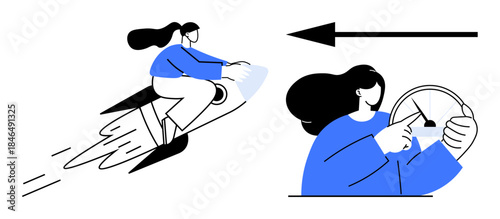 Business growth concept. Dynamic visuals showing a woman on a rocket progress and another analyzing data. Business growth, innovation, and decision-making processes. Perfect for corporate, startup