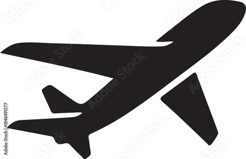 black silhouette of airplane flying minimal on white background, vector