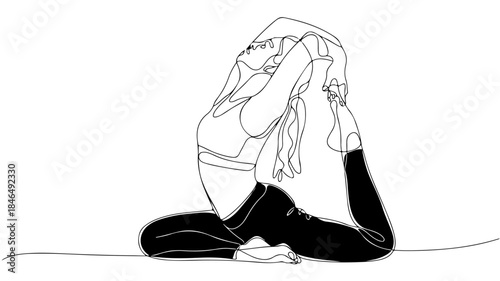 A single continuous line drawing depicts a person in a deep hip-opening yoga posture. One leg is bent forward with the shin on the ground, while the other leg is extended straight back.