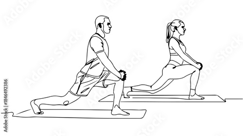  line drawing depicts two individuals, a man and a woman, both in a low lunge or hip flexor stretch position on exercise mats.