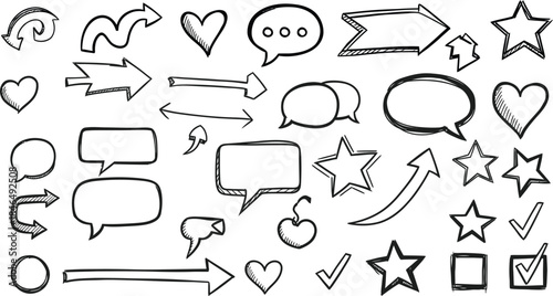 A collection of hand drawn speech bubbles and icons
