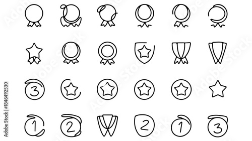 A grid of 24 minimalist line icons is presented on a white background, all adhering to a consistent, simple outline style.