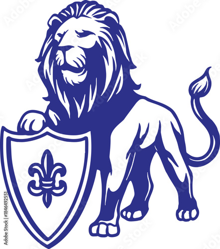 A Bold Vintage-Style Illustration Of A Standing Lion Holding A Shield With Fleur-De-Lis, Representing Honor And Strength.
