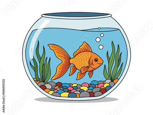 A vibrant illustration of a single, bright orange goldfish swimming in a clear glass fishbowl filled with water and colorful pebbles at the bottom.