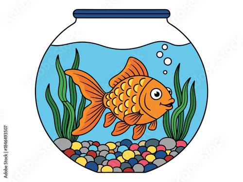 A vibrant illustration of a cheerful goldfish swimming in a clear glass fishbowl filled with water, aquatic plants, and colorful pebbles at the bottom.