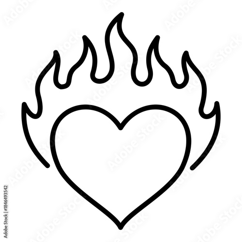 Passion line icon with heart and flame, symbolizing strong motivation, inner drive, enthusiasm, ambition, and emotional energy. Suitable for personal growth, goals, creativity, and love concepts.