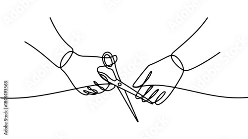 line drawing illustrates a pair of hands holding scissors and cutting through a ribbon.
