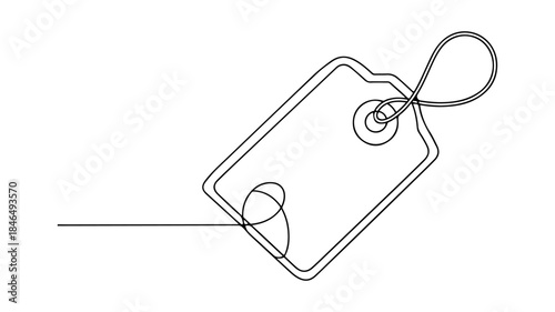 A single continuous line drawing depicts a rectangular tag with a reinforced hole (grommet) and a loop for attachment.