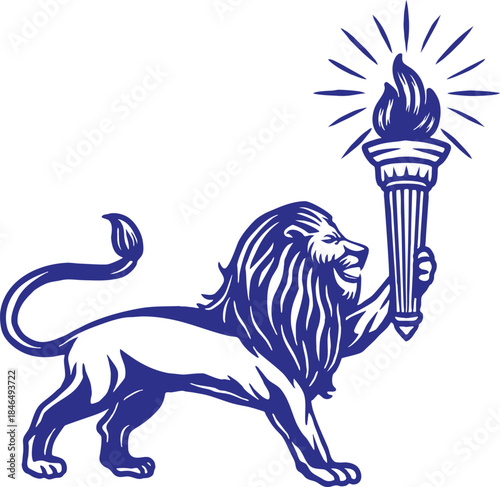 Vintage-Inspired Illustration Of A Lion Holding A Torch, Signifying Enlightenment, Courage, And Legacy.
