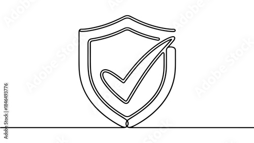 A single continuous line drawing illustrates a shield containing a large check mark or tick symbol within its borders