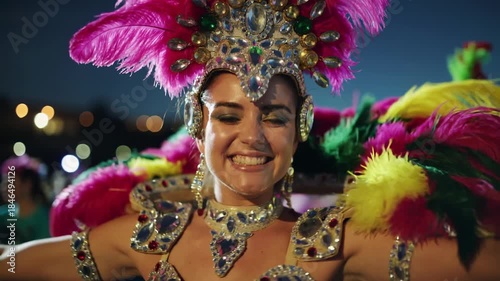 Happy young dressed woman dance and celebrate brazilian carnival in the city - Party, festive and event concept - Models by AI generative