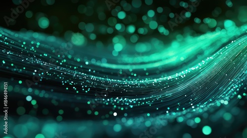 Abstract network of glowing teal fiber optic lines transmitting data and information particles, symbolizing global connectivity, technology, and futuristic digital communication