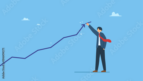 Businessman drawing financial growing growth graph diagram. Financial growth, business up rising or growing well, planning to progress and increase profit, success achievement strategy.