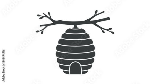 Simple black beehive on tree branch icon