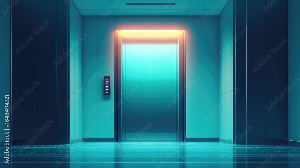Fototapeta premium Futuristic elevator interface with metallic doors and neon lighting creates a sense of modern technology, connectivity, and progress within a smart building environment
