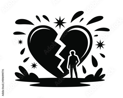 Silhouette of a person standing in front of a broken heart