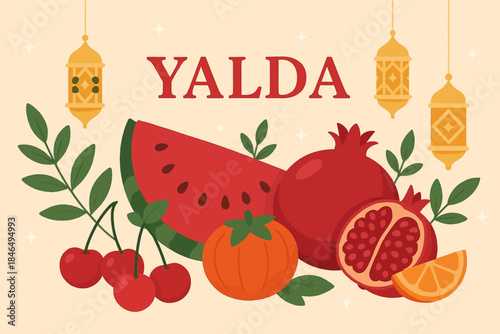 vector illustration of a flat design yalda background with fruits