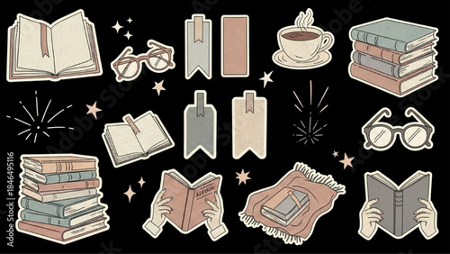 Aesthetic Book Lover Modern Retro Halftone Reading Sticker Set on Black Background
