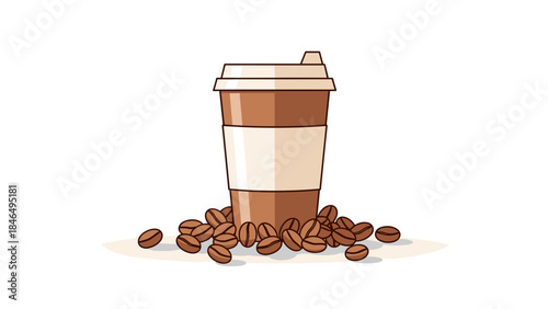 Brown disposable coffee cup with scattered coffee beans on white background