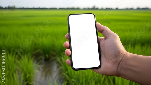 Rural Farmer Using Smartphone in Paddy Field Digital Agriculture Concept