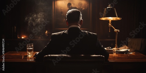Powerful mafia boss sitting at desk in luxurious office