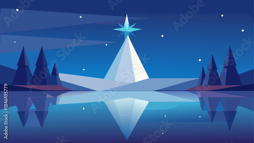 Illuminated pyramid with mountain reflection isolated on transparent background